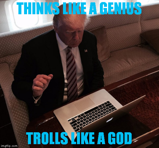 Trump on reddit | THINKS LIKE A GENIUS; TROLLS LIKE A GOD | image tagged in trump on reddit | made w/ Imgflip meme maker