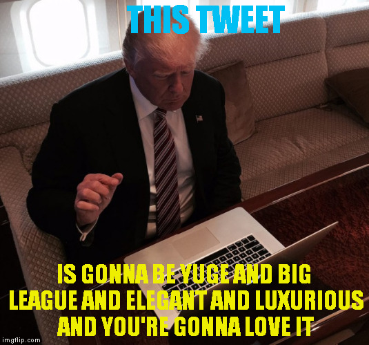 Trump on reddit | THIS TWEET; IS GONNA BE YUGE AND BIG LEAGUE AND ELEGANT AND LUXURIOUS AND YOU'RE GONNA LOVE IT | image tagged in trump on reddit | made w/ Imgflip meme maker