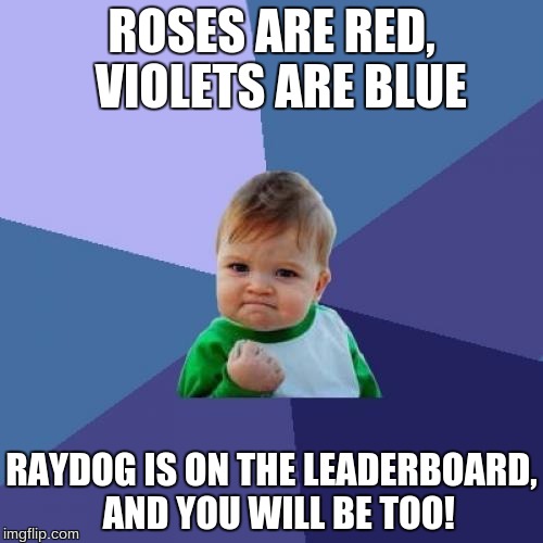 Success Kid | ROSES ARE RED, 
VIOLETS ARE BLUE; RAYDOG IS ON THE LEADERBOARD, 
AND YOU WILL BE TOO! | image tagged in memes,success kid | made w/ Imgflip meme maker