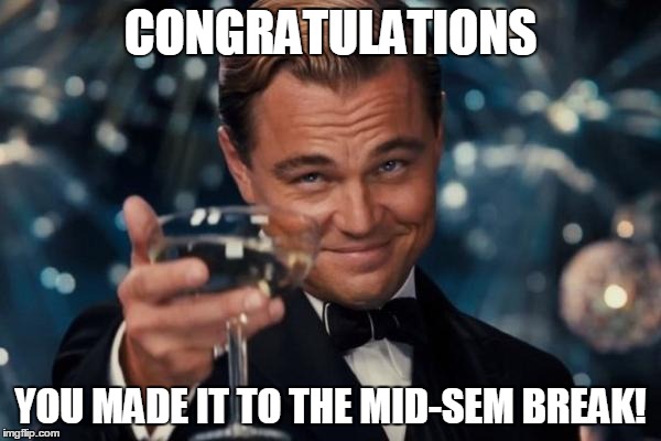 Leonardo Dicaprio Cheers | CONGRATULATIONS; YOU MADE IT TO THE MID-SEM BREAK! | image tagged in memes,leonardo dicaprio cheers | made w/ Imgflip meme maker