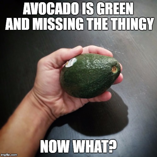Avocado don't care | AVOCADO IS GREEN AND MISSING THE THINGY; NOW WHAT? | image tagged in now what,thanks for nothing,avocado | made w/ Imgflip meme maker