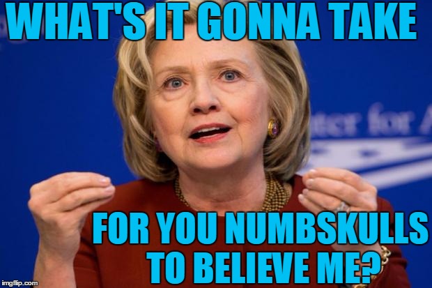 HILLARY FOR U.S. PRESIDENT 2016 | WHAT'S IT GONNA TAKE; FOR YOU NUMBSKULLS TO BELIEVE ME? | image tagged in hillary clinton | made w/ Imgflip meme maker