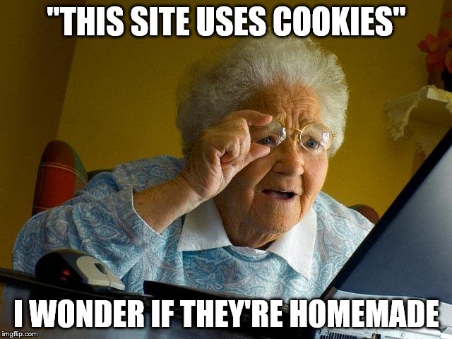 Grandma Finds The Internet Meme | "THIS SITE USES COOKIES"; I WONDER IF THEY'RE HOMEMADE | image tagged in memes,grandma finds the internet | made w/ Imgflip meme maker