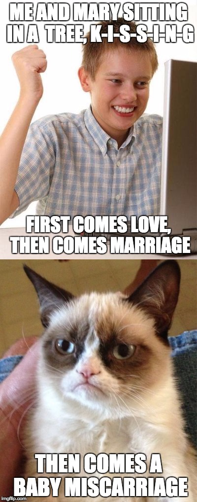 1 in 5 pregnancies end like this | ME AND MARY SITTING IN A  TREE, K-I-S-S-I-N-G; FIRST COMES LOVE, THEN COMES MARRIAGE; THEN COMES A BABY MISCARRIAGE | image tagged in grumpy cat,first day on the internet kid,memes,original meme,playground | made w/ Imgflip meme maker