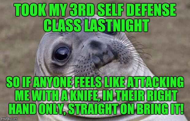 Awkward Moment Sealion Meme | TOOK MY 3RD SELF DEFENSE CLASS LASTNIGHT; SO IF ANYONE FEELS LIKE ATTACKING ME WITH A KNIFE, IN THEIR RIGHT HAND ONLY, STRAIGHT ON BRING IT! | image tagged in memes,awkward moment sealion | made w/ Imgflip meme maker