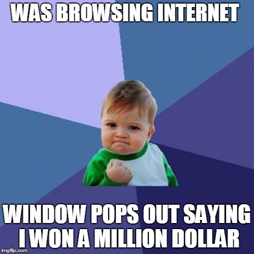 I just send them my bank details and 200 $ for the transaction and wait for the Million | WAS BROWSING INTERNET; WINDOW POPS OUT SAYING I WON A MILLION DOLLAR | image tagged in memes,success kid | made w/ Imgflip meme maker