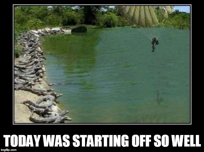 Alligator Farm Paratrooper | TODAY WAS STARTING OFF SO WELL | image tagged in alligator farm paratrooper | made w/ Imgflip meme maker