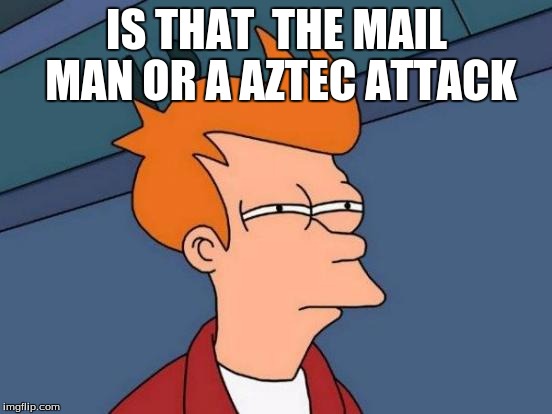 Futurama Fry | IS THAT  THE MAIL MAN OR A AZTEC ATTACK | image tagged in memes,futurama fry | made w/ Imgflip meme maker