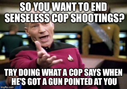 Picard Wtf Meme | SO YOU WANT TO END SENSELESS COP SHOOTINGS? TRY DOING WHAT A COP SAYS WHEN HE'S GOT A GUN POINTED AT YOU | image tagged in memes,picard wtf | made w/ Imgflip meme maker