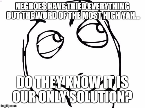 Question Rage Face | NEGROES HAVE TRIED EVERYTHING BUT THE WORD OF THE MOST HIGH YAH... DO THEY KNOW IT IS OUR ONLY SOLUTION? | image tagged in memes,question rage face | made w/ Imgflip meme maker