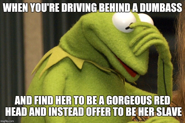 Driving | WHEN YOU'RE DRIVING BEHIND A DUMBASS; AND FIND HER TO BE A GORGEOUS RED HEAD AND INSTEAD OFFER TO BE HER SLAVE | image tagged in kermit the frog | made w/ Imgflip meme maker