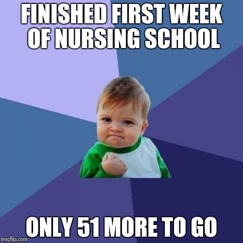Success Kid Meme | FINISHED FIRST WEEK OF NURSING SCHOOL; ONLY 51 MORE TO GO | image tagged in memes,success kid | made w/ Imgflip meme maker