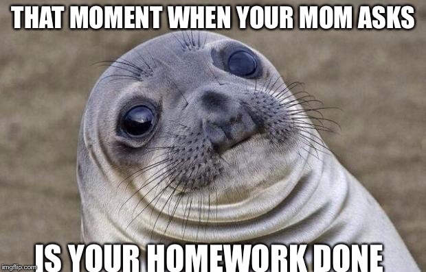 Awkward Moment Sealion Meme | THAT MOMENT WHEN YOUR MOM ASKS; IS YOUR HOMEWORK DONE | image tagged in memes,awkward moment sealion | made w/ Imgflip meme maker