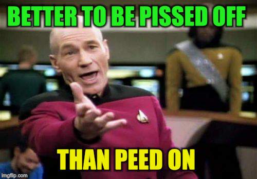 Picard Wtf Meme | BETTER TO BE PISSED OFF THAN PEED ON | image tagged in memes,picard wtf | made w/ Imgflip meme maker