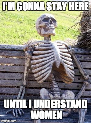 Waiting Skeleton | I'M GONNA STAY HERE; UNTIL I UNDERSTAND WOMEN | image tagged in memes,waiting skeleton | made w/ Imgflip meme maker