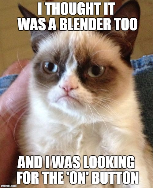 Grumpy Cat Meme | I THOUGHT IT WAS A BLENDER TOO AND I WAS LOOKING FOR THE 'ON' BUTTON | image tagged in memes,grumpy cat | made w/ Imgflip meme maker