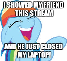Rainbow Dash laughing | I SHOWED MY FRIEND THIS STREAM; AND HE JUST CLOSED MY LAPTOP! | image tagged in rainbow dash laughing | made w/ Imgflip meme maker
