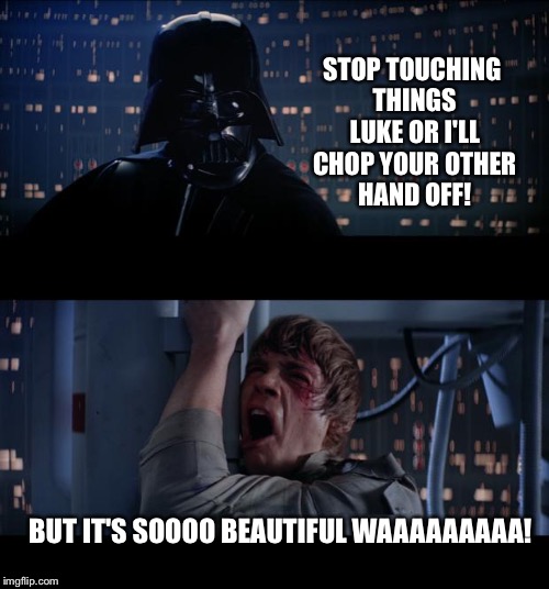 Star Wars No | STOP TOUCHING THINGS LUKE OR I'LL CHOP YOUR OTHER HAND OFF! BUT IT'S SOOOO BEAUTIFUL
WAAAAAAAAA! | image tagged in memes,star wars no | made w/ Imgflip meme maker