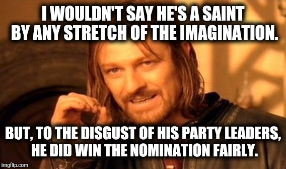 One Does Not Simply Meme | I WOULDN'T SAY HE'S A SAINT BY ANY STRETCH OF THE IMAGINATION. BUT, TO THE DISGUST OF HIS PARTY LEADERS, HE DID WIN THE NOMINATION FAIRLY. | image tagged in memes,one does not simply | made w/ Imgflip meme maker