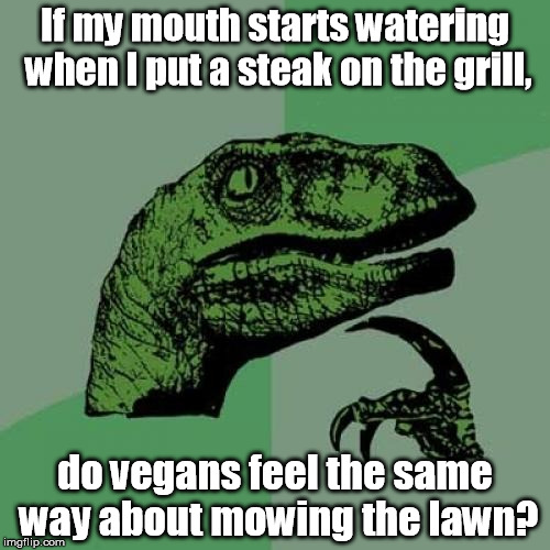 When animals are allowed to each other, but humans aren't ... | If my mouth starts watering when I put a steak on the grill, do vegans feel the same way about mowing the lawn? | image tagged in memes,philosoraptor | made w/ Imgflip meme maker