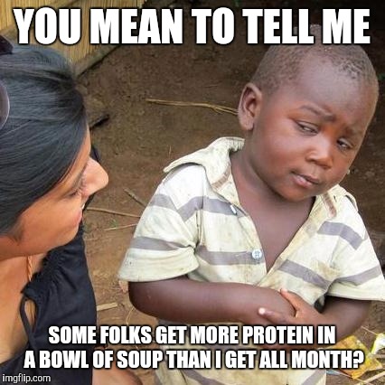 Third World Skeptical Kid Meme | YOU MEAN TO TELL ME SOME FOLKS GET MORE PROTEIN IN A BOWL OF SOUP THAN I GET ALL MONTH? | image tagged in memes,third world skeptical kid | made w/ Imgflip meme maker