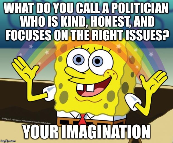 SpongeBob Imagination | WHAT DO YOU CALL A POLITICIAN WHO IS KIND, HONEST, AND FOCUSES ON THE RIGHT ISSUES? YOUR IMAGINATION | image tagged in spongebob,memes,funny,political,politicians,imagination | made w/ Imgflip meme maker