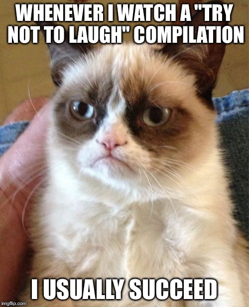 Grumpy Cat | WHENEVER I WATCH A "TRY NOT TO LAUGH" COMPILATION; I USUALLY SUCCEED | image tagged in memes,grumpy cat | made w/ Imgflip meme maker