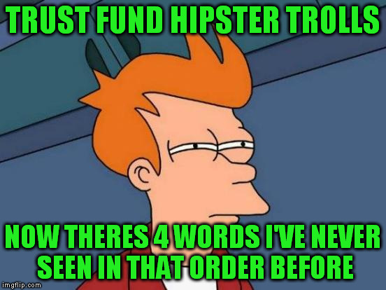 Futurama Fry Meme | TRUST FUND HIPSTER TROLLS NOW THERES 4 WORDS I'VE NEVER SEEN IN THAT ORDER BEFORE | image tagged in memes,futurama fry | made w/ Imgflip meme maker