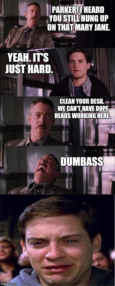 Peter Parker Cry | PARKER! I HEARD YOU STILL HUNG UP ON THAT MARY JANE. YEAH. IT'S JUST HARD. CLEAN YOUR DESK.  WE CAN'T HAVE DOPE HEADS WORKING HERE. DUMBASS | image tagged in memes,peter parker cry | made w/ Imgflip meme maker