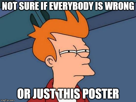 Futurama Fry | NOT SURE IF EVERYBODY IS WRONG; OR JUST THIS POSTER | image tagged in memes,futurama fry | made w/ Imgflip meme maker