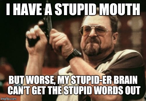 Am I The Only One Around Here Meme | I HAVE A STUPID MOUTH BUT WORSE, MY STUPID-ER BRAIN CAN'T GET THE STUPID WORDS OUT | image tagged in memes,am i the only one around here | made w/ Imgflip meme maker