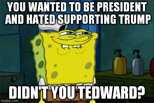 Lyin' Ted! | YOU WANTED TO BE PRESIDENT AND HATED SUPPORTING TRUMP; DIDN'T YOU TEDWARD? | image tagged in memes,dont you squidward,donald trump,ted cruz,election 2016 | made w/ Imgflip meme maker