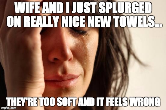 First World Problems Meme | WIFE AND I JUST SPLURGED ON REALLY NICE NEW TOWELS... THEY'RE TOO SOFT AND IT FEELS WRONG | image tagged in memes,first world problems | made w/ Imgflip meme maker