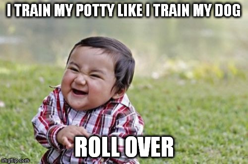 Evil Toddler Meme | I TRAIN MY POTTY LIKE I TRAIN MY DOG ROLL OVER | image tagged in memes,evil toddler | made w/ Imgflip meme maker