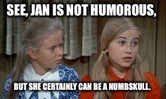 SEE, JAN IS NOT HUMOROUS, BUT SHE CERTAINLY CAN BE A NUMBSKULL. | made w/ Imgflip meme maker