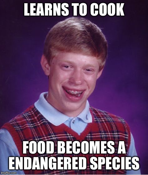 The worst cook in the universe  | LEARNS TO COOK; FOOD BECOMES A ENDANGERED SPECIES | image tagged in memes,bad luck brian,cooking,food | made w/ Imgflip meme maker