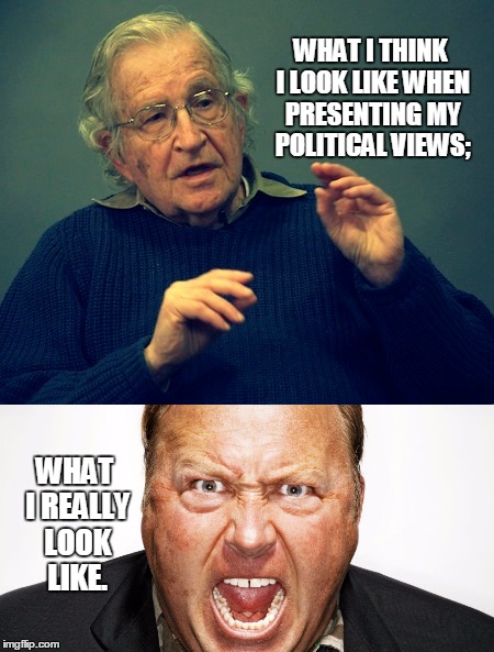 WHAT I THINK I LOOK LIKE WHEN PRESENTING MY POLITICAL VIEWS;; WHAT I REALLY LOOK LIKE. | image tagged in noam chomsky,alex jones | made w/ Imgflip meme maker