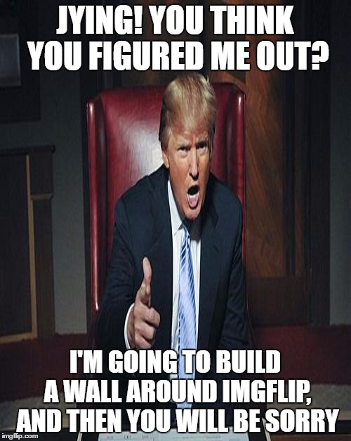 JYING! YOU THINK YOU FIGURED ME OUT? I'M GOING TO BUILD A WALL AROUND IMGFLIP, AND THEN YOU WILL BE SORRY | made w/ Imgflip meme maker