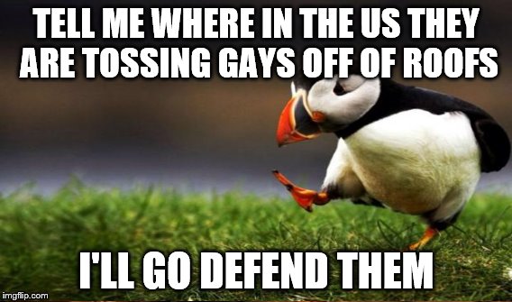 TELL ME WHERE IN THE US THEY ARE TOSSING GAYS OFF OF ROOFS I'LL GO DEFEND THEM | made w/ Imgflip meme maker