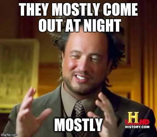 Ancient Aliens Meme | THEY MOSTLY COME OUT AT NIGHT; MOSTLY | image tagged in memes,ancient aliens | made w/ Imgflip meme maker