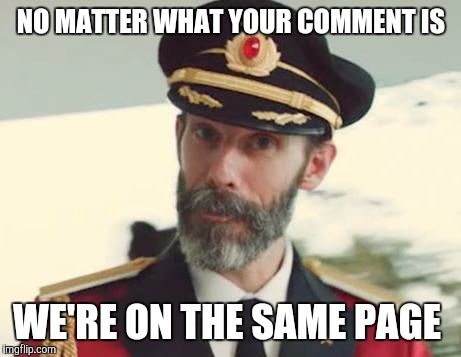 Captain Obvious | NO MATTER WHAT YOUR COMMENT IS; WE'RE ON THE SAME PAGE | image tagged in captain obvious | made w/ Imgflip meme maker