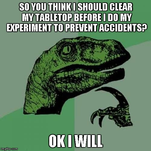 Philosoraptor Meme | SO YOU THINK I SHOULD CLEAR MY TABLETOP BEFORE I DO MY EXPERIMENT TO PREVENT ACCIDENTS? OK I WILL | image tagged in memes,philosoraptor | made w/ Imgflip meme maker