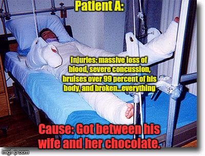 Hospital  | Patient A:; Injuries: massive loss of blood, severe concussion, bruises over 99 percent of his body, and broken...everything; Cause: Got between his wife and her chocolate. | image tagged in hospital | made w/ Imgflip meme maker