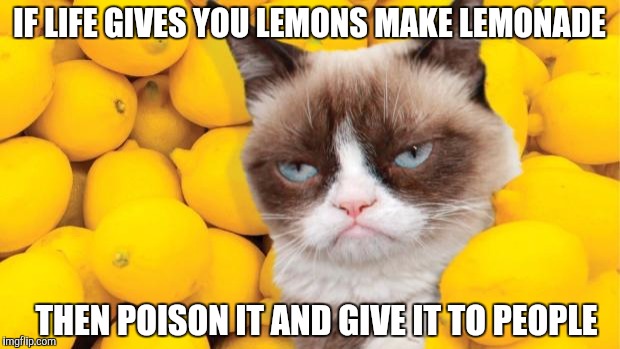 Grumpy Cat lemons | IF LIFE GIVES YOU LEMONS MAKE LEMONADE; THEN POISON IT AND GIVE IT TO PEOPLE | image tagged in grumpy cat lemons | made w/ Imgflip meme maker