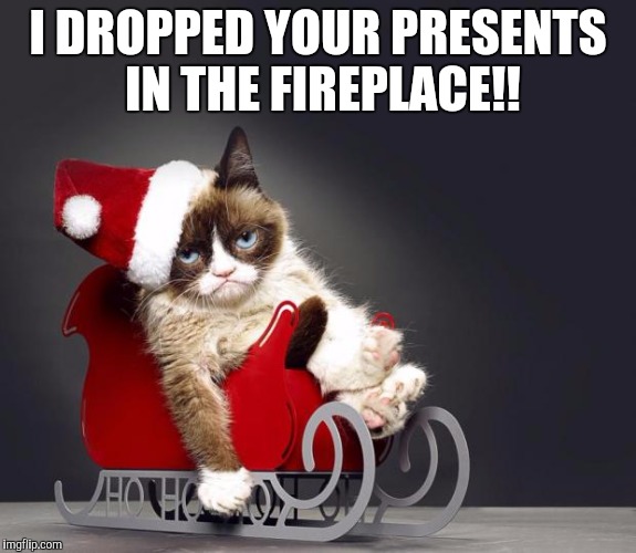 Grumpy Cat Christmas HD |  I DROPPED YOUR PRESENTS IN THE FIREPLACE!! | image tagged in grumpy cat christmas hd | made w/ Imgflip meme maker