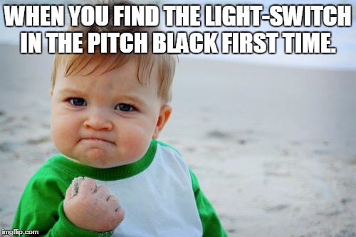 Success Kid Original | WHEN YOU FIND THE LIGHT-SWITCH IN THE PITCH BLACK FIRST TIME. | image tagged in memes,success kid original | made w/ Imgflip meme maker