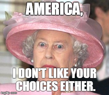 the Queen Elizabeth II | AMERICA, I DON'T LIKE YOUR CHOICES EITHER. | image tagged in the queen elizabeth ii | made w/ Imgflip meme maker