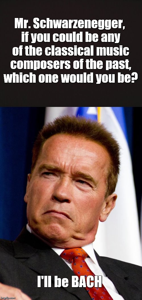 Bad pun Arnold | Mr. Schwarzenegger, if you could be any of the classical music composers of the past, which one would you be? I'll be BACH | image tagged in memes,arnold schwarzenegger,bad puns | made w/ Imgflip meme maker