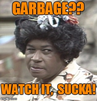 Aunt Esther | GARBAGE?? WATCH IT,  SUCKA! | image tagged in aunt esther | made w/ Imgflip meme maker