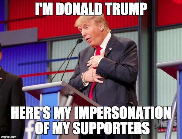 trump supporter | I'M DONALD TRUMP; HERE'S MY IMPERSONATION OF MY SUPPORTERS | image tagged in trump | made w/ Imgflip meme maker